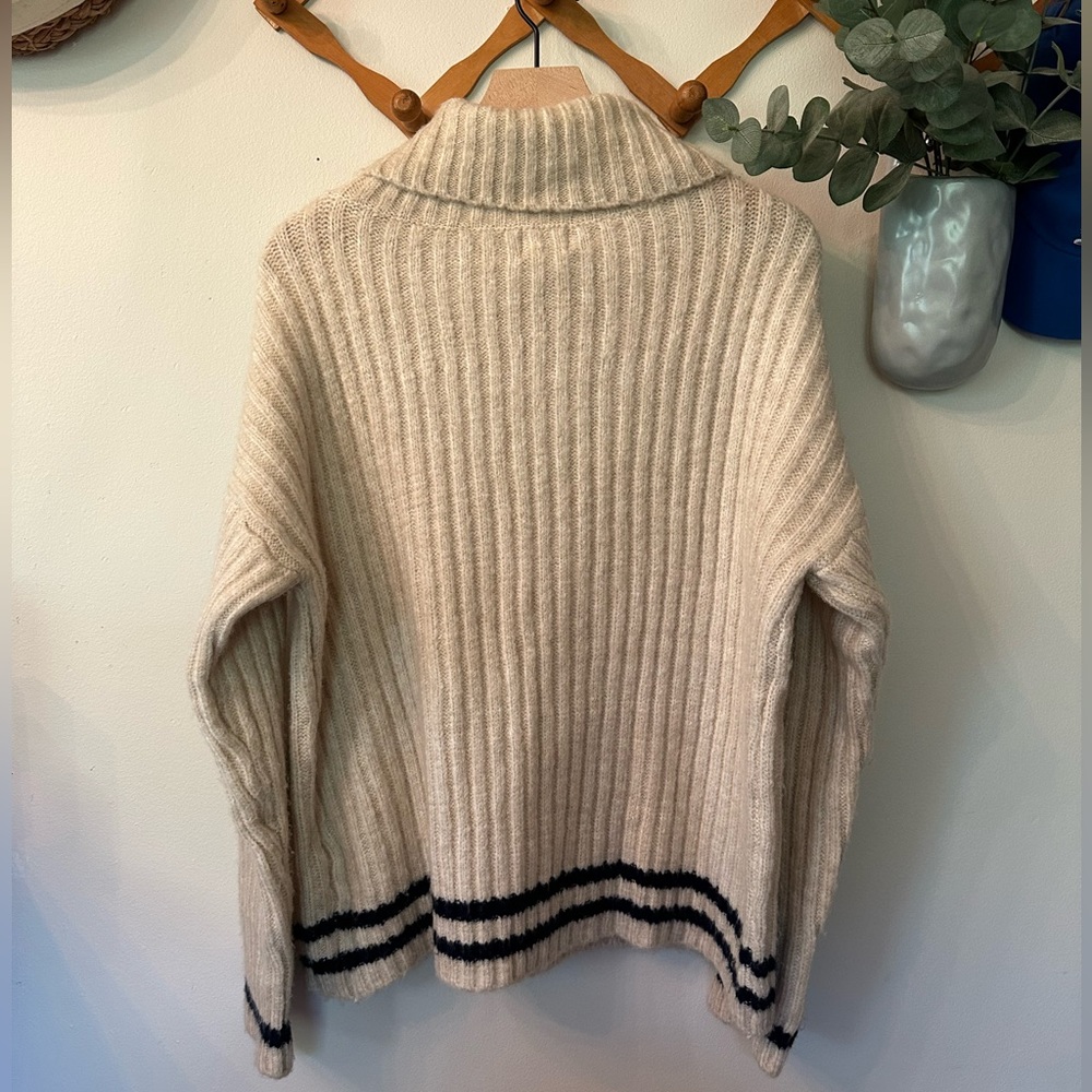 Classic Cream Cowl Neck Drop Shoulder Sweater with Navy Stripes - LARGE - Picture 8 of 11